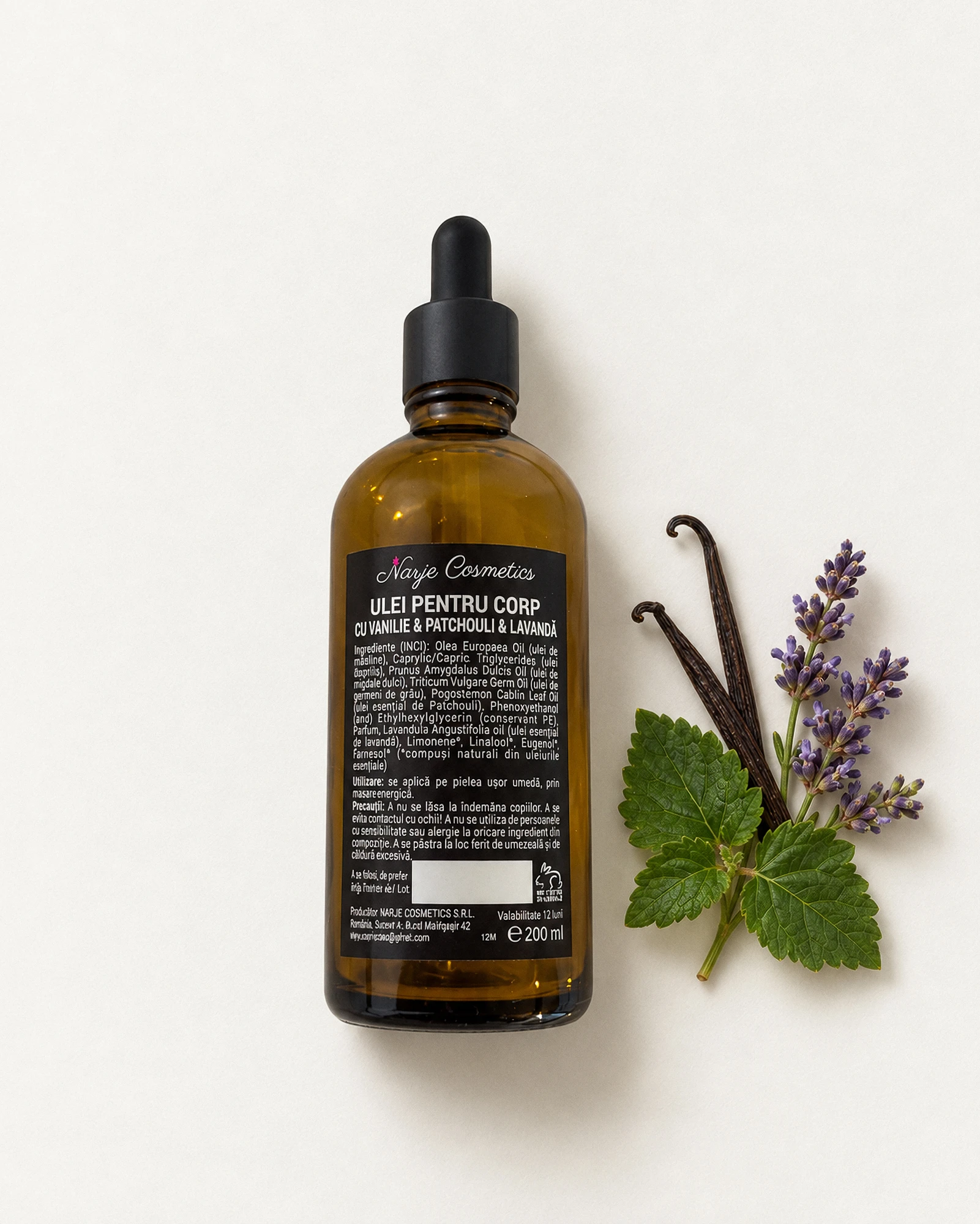 Ulei de corp natural cu vanilie, patchouli și lavandă, 100 ml